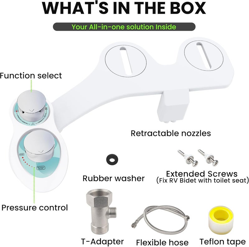 Terapaton RV Bidet for Camper Toilet, Non-Electric Toilet Sprayer Attachment with Dual Nozzles, Adjustable Pressure, Front/Rear/Self Cleaning, Upgrade for Trailer, Motorhome, RV Bathroom (Chrome Knob) - Image 3
